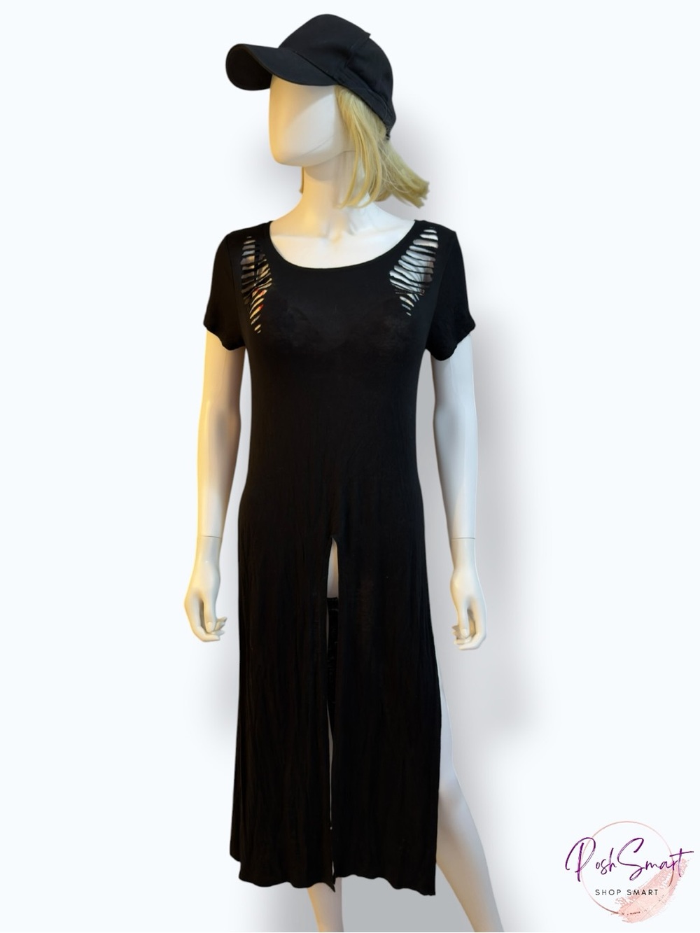 Love J Black Cut-Out Neckline Maxi Dress Side Slit Short Sleeve | Size M